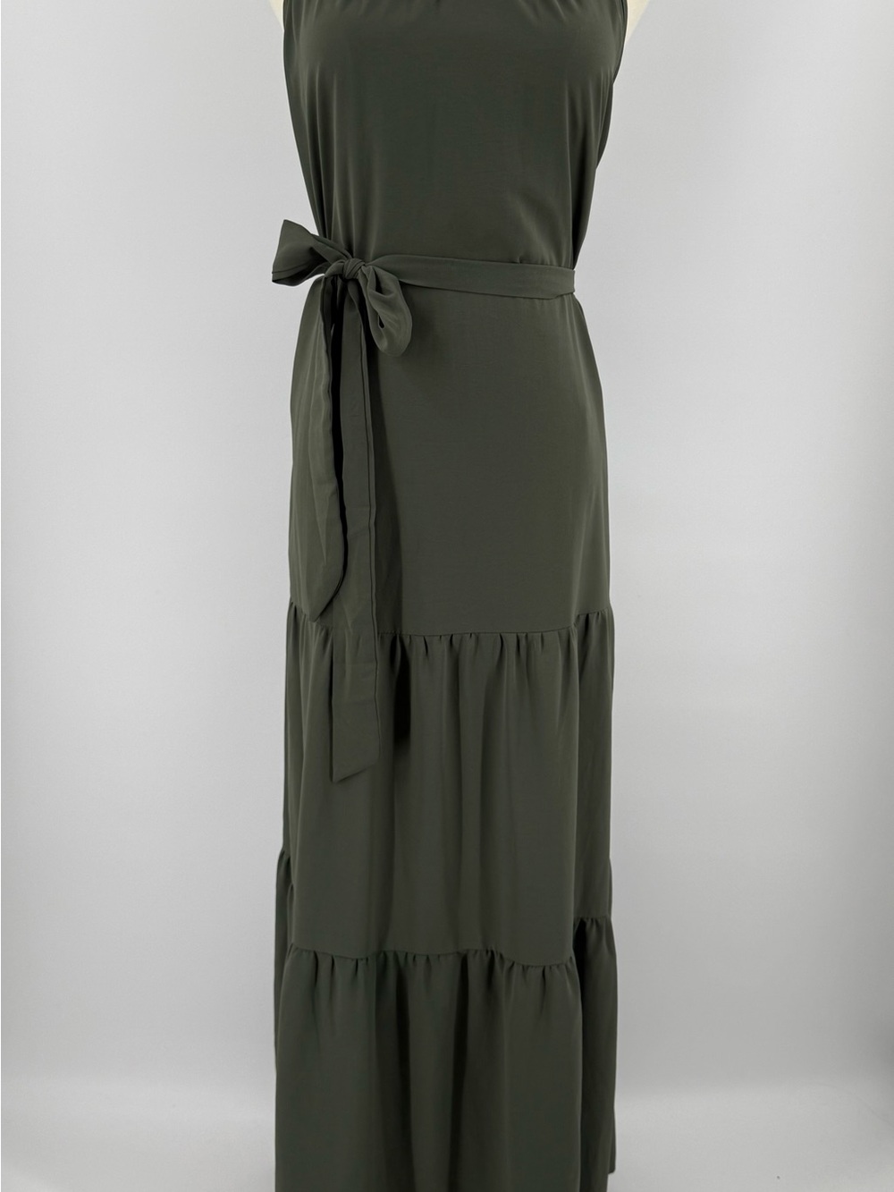 Sleeveless Olive Halter Maxi Dress with Waist Tie - Picture 5 of 9